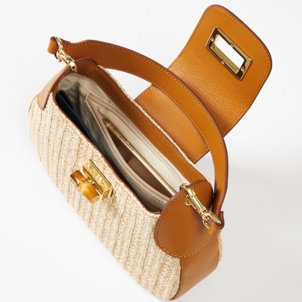 Mark & Graham faux Raffia Shoulder Bag! Tan Leather, Bamboo Latch & Gold Accent! - Picture 5 of 14